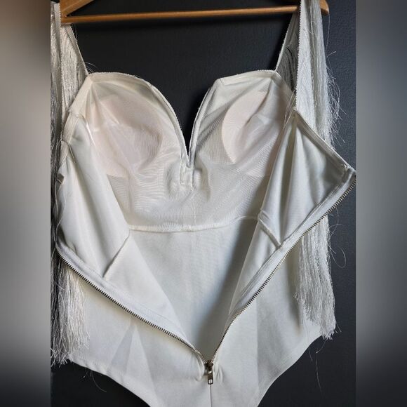 Tassel Fringe Deep V Off White Body Suit Vera & Lucy Sz L - Picture 6 of 10